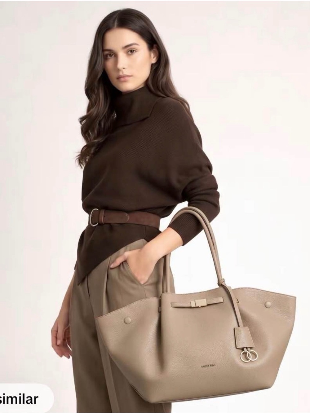 Taupe Leather Tote Bag with Bow Accent - Unbranded Exact as the last 3 pictures.